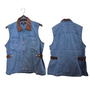 British Khaki Blue Denim Brown Leather Zip Up Vintage Vest 12 Medium